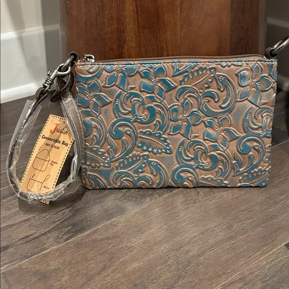 Justin Convertible Shoulder/wristlet bag,zip top,3 card slot,tooled aqua floral - Picture 1 of 5